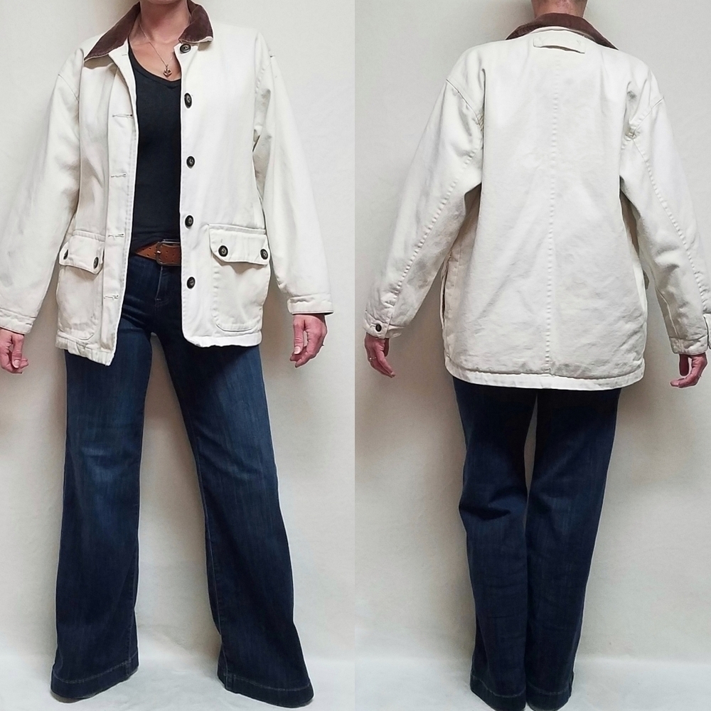 Vintage 90s SJB Off-White Oversized Flannel Lined Corduroy Denim Utility Jacket